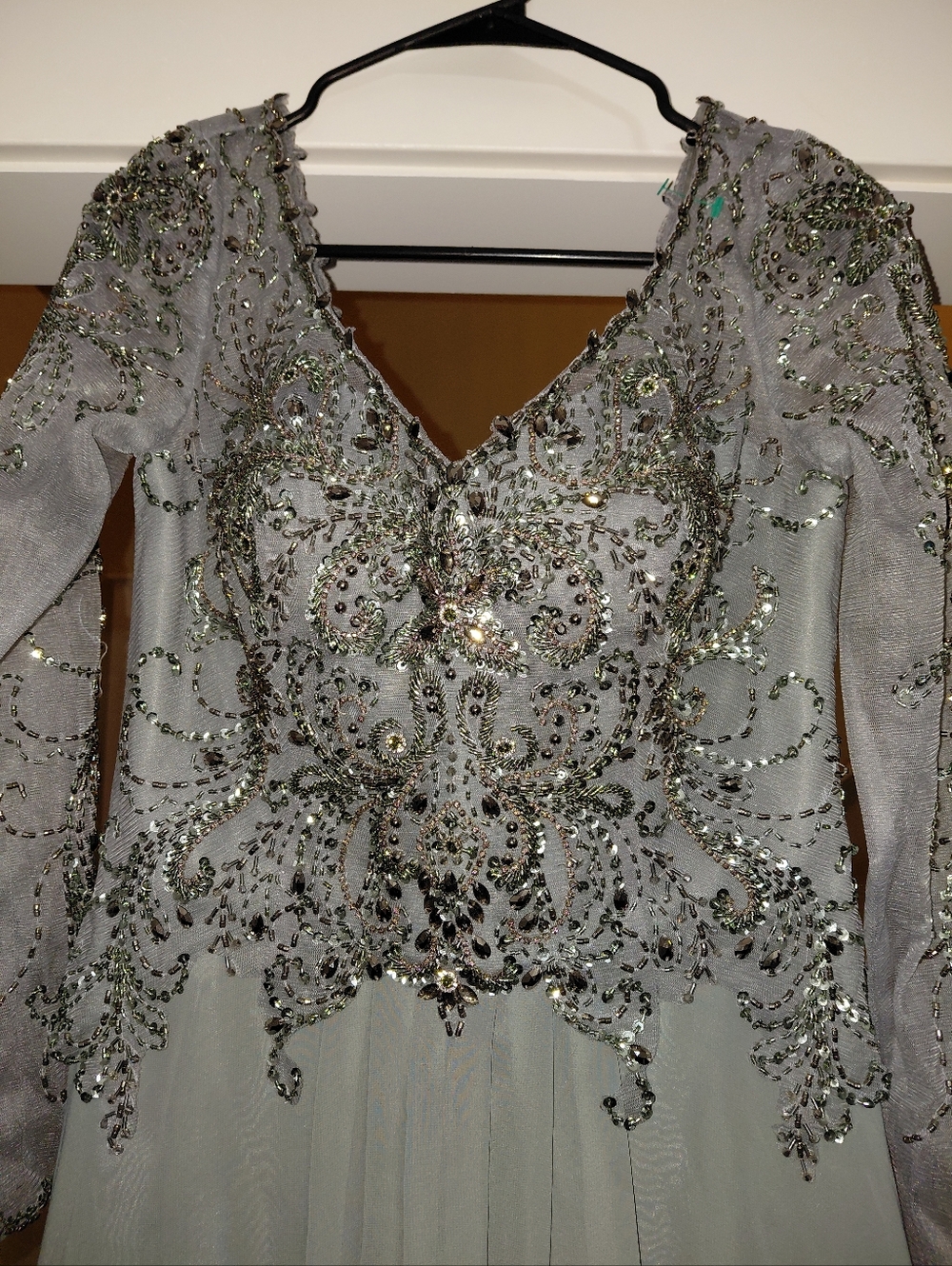 MGNY Madeline Gardner Slate Gray Beaded Illusion Gown - Size 6- Tea Length - Picture 12 of 16